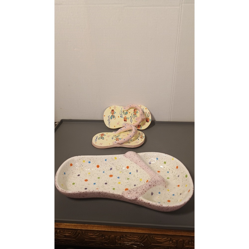 M. Ruley Dolores Key West Ceramic Flip Flop Dish & Wall Decor Set Pink Yellow EX